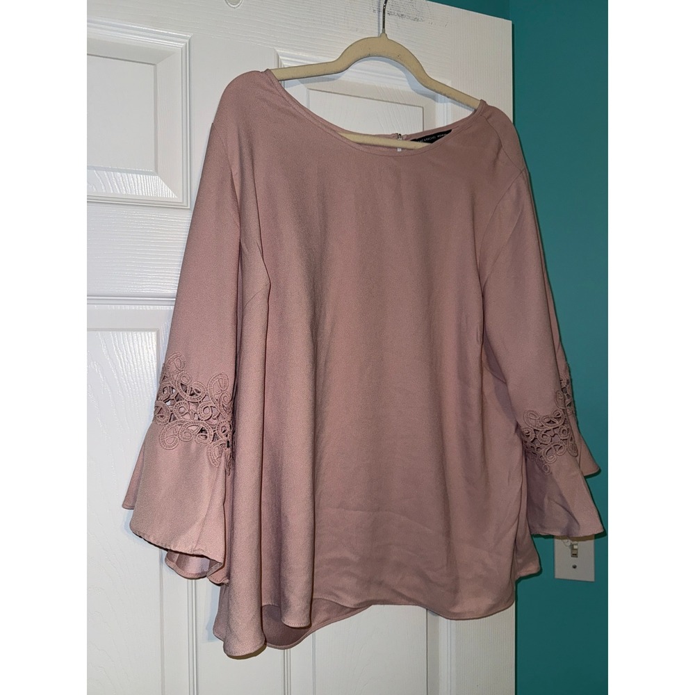 Zac & Rachel Woman Pink Lace Bell Sleeve Blouse Plus Size 2X Crochet Ruffle Top